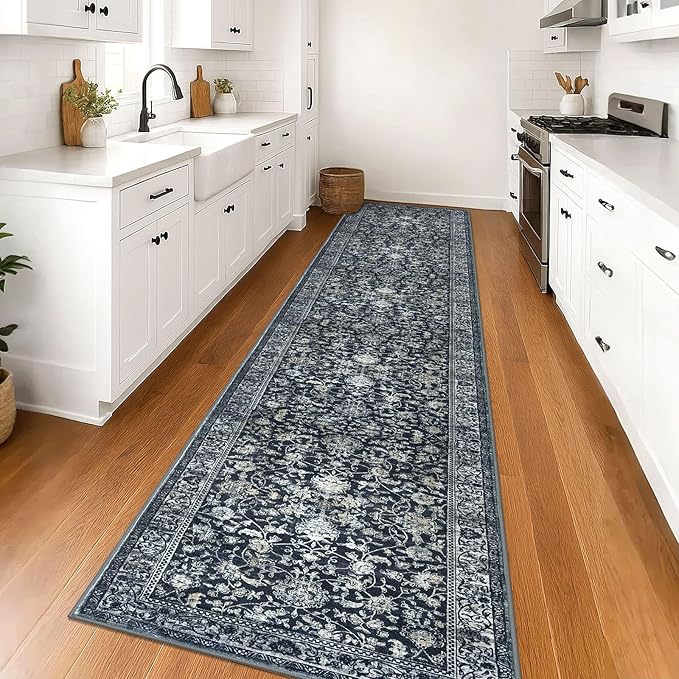 KILOCOCO Runner for Hallway 3x16 Runner Rug Printed Vintage Floral Washable Rug Kitchen Runners Soft Non-Slip Low Pile Hallway Runners Laundry Room Distressed Boho Rugs, Navy/Charcoal