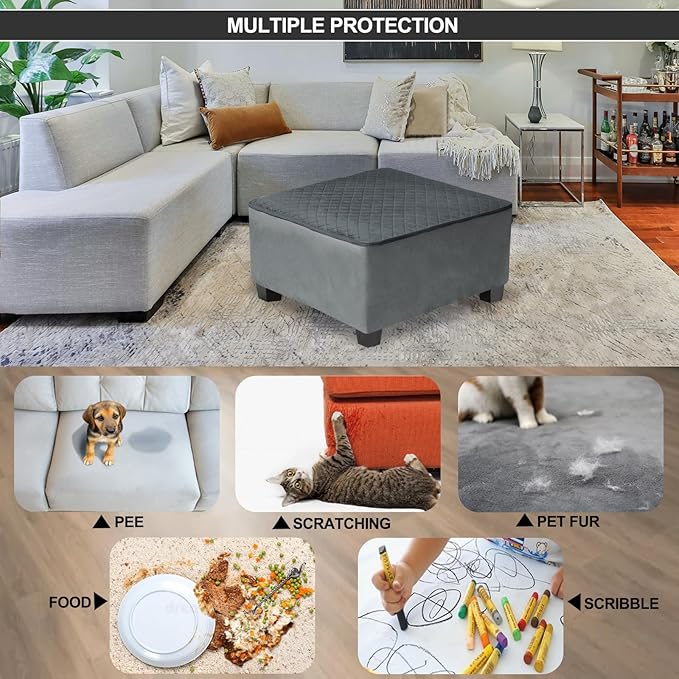 NeColorLife Waterproof Square Ottoman Cover,Thick Stretch Velvet Slipcover for Footstool,Non-Slip Soft Furniture Protector for Pets and Dogs,Dark Gray,Medium