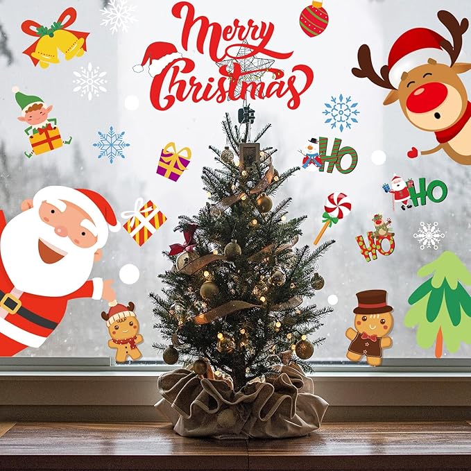YQUQWN Large 80PCS Christmas Door Decorations Removable Wall Decals with Snowman Santa Reindeer Merry Christmas Wall Stickers for Front Door Decor Decorations Holiday Party Supplies