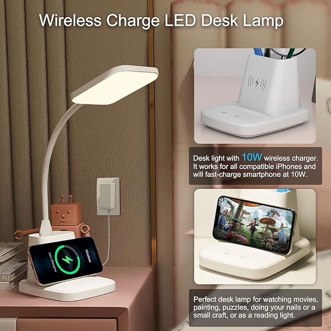Sailstar Upgraded LED Desk Lamp with Wireless Charger, White Small Desk Light with Pen Holder, 3 Color Modes, CRI 85, 800 Lumen, Study Lamps for College Dorm Room, Home Office, Adapter Included
