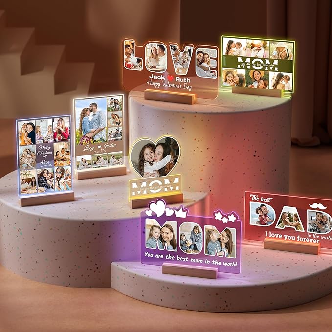 Personalized Picture Frame with Night Light, Custom Photo Frame with Photos, Customized Gifts for Mom Girls Boys, Personalized Christmas Birthday Gifts for Mom, Kids, Baby, Family