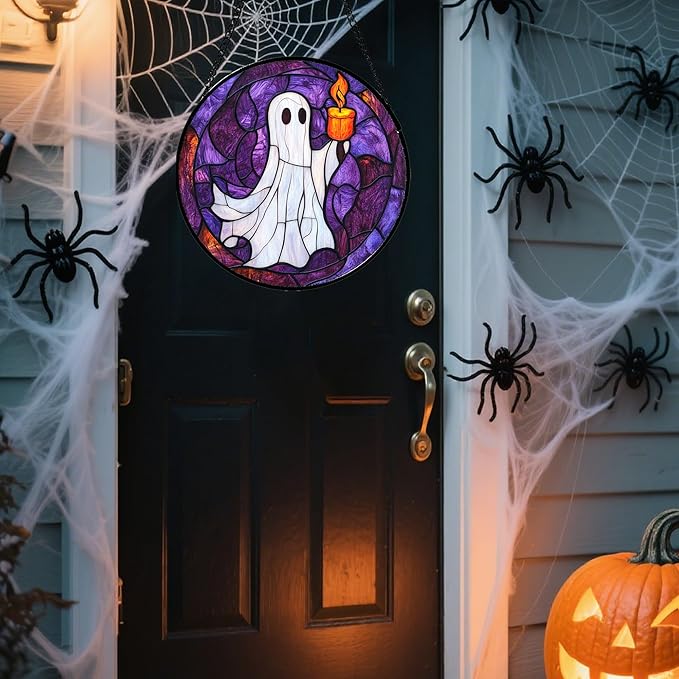 Stained Glass Window Hanging - Halloween Decorations Ghost Suncatcher for Doors Garden Indoor Spooky Funny Purple Sun Catchers Gothic Decor Horror Gifts for Women Men Friend 6.3 in