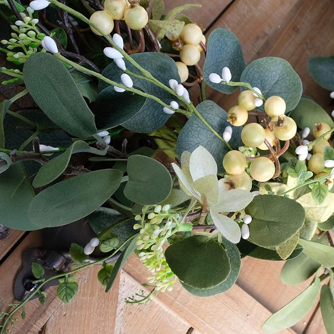 Bibelot 22Inch Artificial Eucalyptus Berry Wreath Green Leaf Eucalyptus Wreaths Spring Summer Wreath for Front Door Window Hanging Wall Party Decorations (22in)