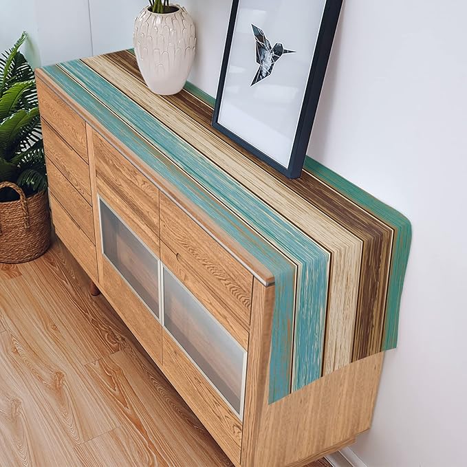 Table Runners 14X48 Inches Long, Teal Turquoise Green Brown ,Cotton Linen Farmhouse Retro Rustic Barn Wood Texture Tablecloths Non-Slip Party Table Decorations for Kitchen ,Home ,Dining ,Outdoor,