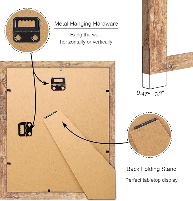 8x10 Picture Frame Set of 2, 8 x 10 Wood Photo Frames with Mat for 5x7, Natural Wooden Frame with Real Glass Cover for Wall and Tabletop Display,Brown