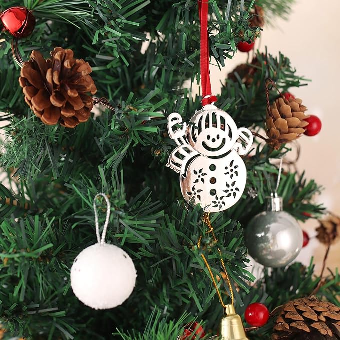 Silver Snowman Christmas Tree Ornament Set - Metal Snowman Hanging Ornament for Xmas Tree - Holiday Keepsake