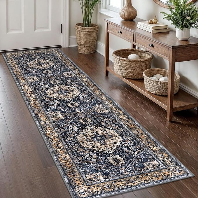 KOZYFLY Runners for Hallways 2x8 Ft Washable Kitchen Runner Rug Boho Runner Rug for Entryway Indoor Gold Navy Printed Oriental Faux Wool Floor Carpet Runner for Bedroom Kitchen Hall