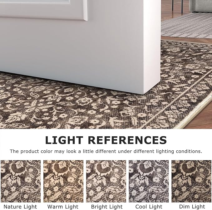Vintage Washable Runner Rug 2x6, Rust Brown Red Runners for hallways, Super Soft Kitchen Runner Rug Non Slip, Printed Faux Wool Floral Thin Carpet Runner for Entryway Laundry Room Bedroom