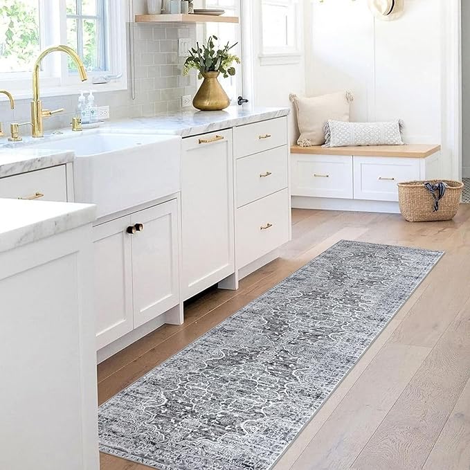 KUTA Vintage Washable Runner Rug, 2x7 Non-Slip Vintage Grey Blue White Hallway Kitchen Runners Soft Printed Distressed Tribal Farmhouse Floor Carpet Rugs for Laundry Bedroom Living Room