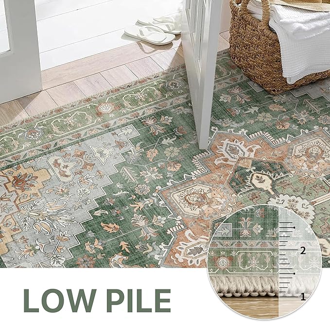 GENIMO 3x10 Runner Rugs for Hallway, Machine Washable Non Slip Vintage Rugs, Low Pile Lightweight Soft Print Rug for enrtyway, Corridor, Home Office, Kitchen,Sage Green