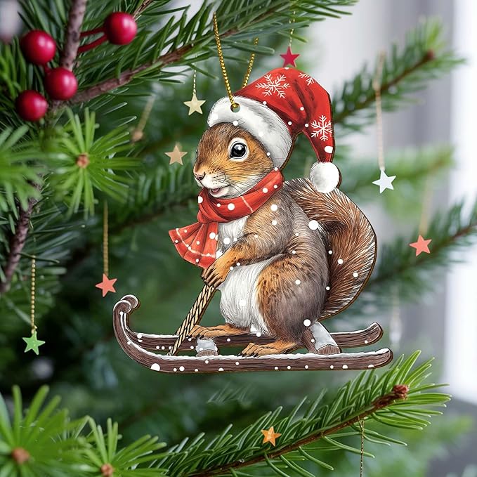 Snowboarding Squirrel Christmas Tree Keepsake Ornaments, Funny Squirrels Themed 2 Side Printed Flat Wooden Ornament, Xmas Hanging Decor