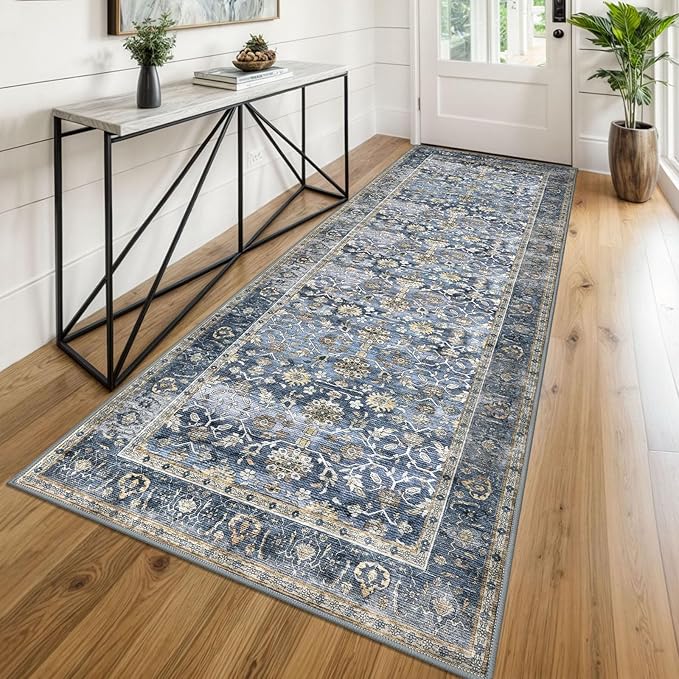 KUTA Vintage Wide Runners for Hallways 3x8 ft Blue Grey Beige Washable Kitchen Runner Non Slip Rubber Backed Hall Runners Entryway Runner Rugs Floor Carpet for Indoor Backdoor Bedroom Kitchen