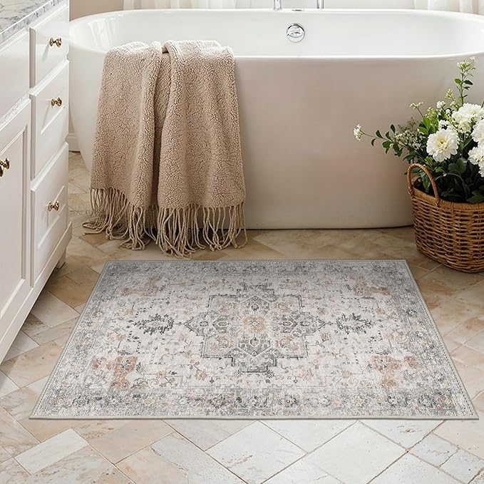 Area Rug 2x3 Doormat, Machine Washable Low Pile Rugs, Small Retro Entryway Mat for Entrance, Hallway, Kitchen and Corridor, Light Taupe Brown