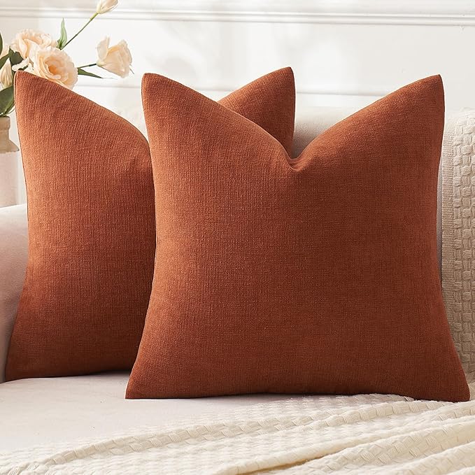 MIULEE Rust Couch Pillow Covers 22x22 Inch, Set of 2 Soft Chenille Decorative Square Throw Pillow Covers Farmhouse for Sofa Living Room Bed