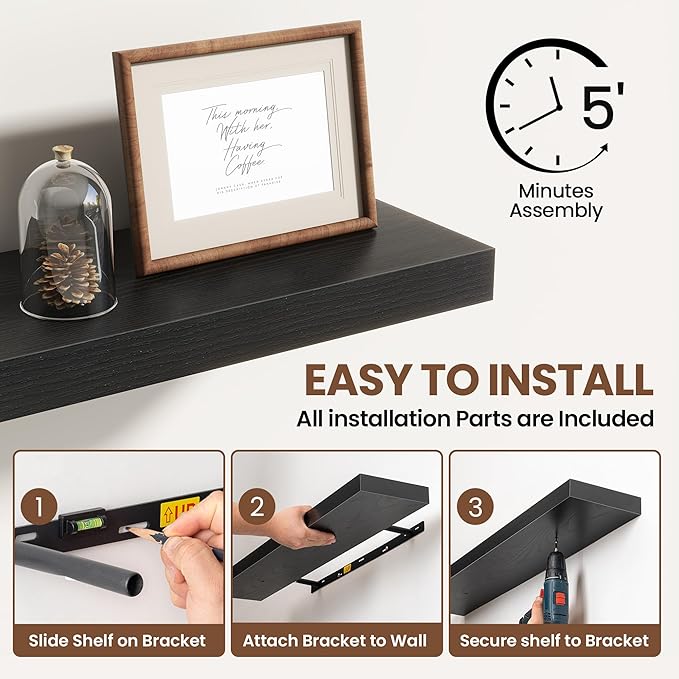 48 Inch Floating Shelves for Wall 2 Pack, 48" Wall Shelves for Books, Storage, Decor, Wall Mounted Floating Shelf with Invisible Brackets for Kitchen, Living Room, Black
