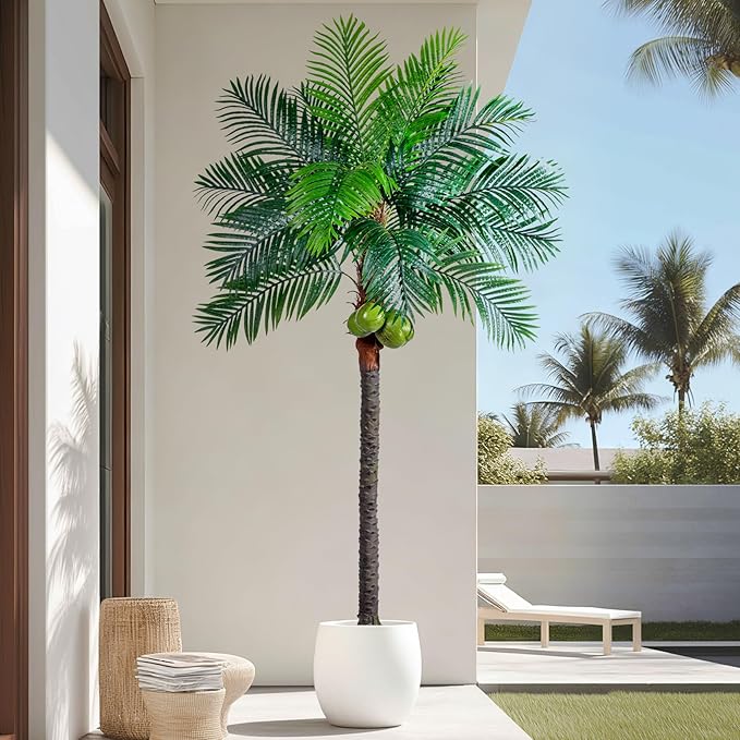 Artificial Phoenix Palm Tree 8.2ft Tall - Fake Large Tropical Tree with Adjustable Leaves, Realistic Faux Sago Palm for Indoor Outdoor Decor, Patio, Poolside, Yard, Living Room, Office