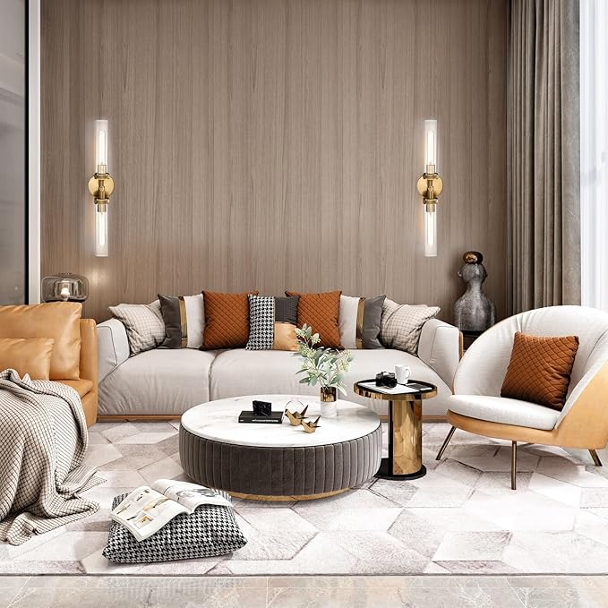 LaLuLa 2-Light Bathroom Vanity Light,Knurled Texture Linear Gold Wall Sconces,Clear Glass Tube Vanity Lighting Fixtures,Modern Wall Mounted Light,Indoor Wall Lights for Living Room,Bedroom,Hallway