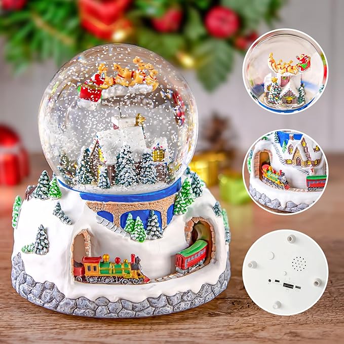 Musical Rotating Santa Claus Flying Over Village,Automatic Snowfall,Train, Christmas Snow Globe Music Box Gifts, for Women Wife Mom Girlfriend Daughter, Xmas Present,Plays 48 Classic Christmas Carols