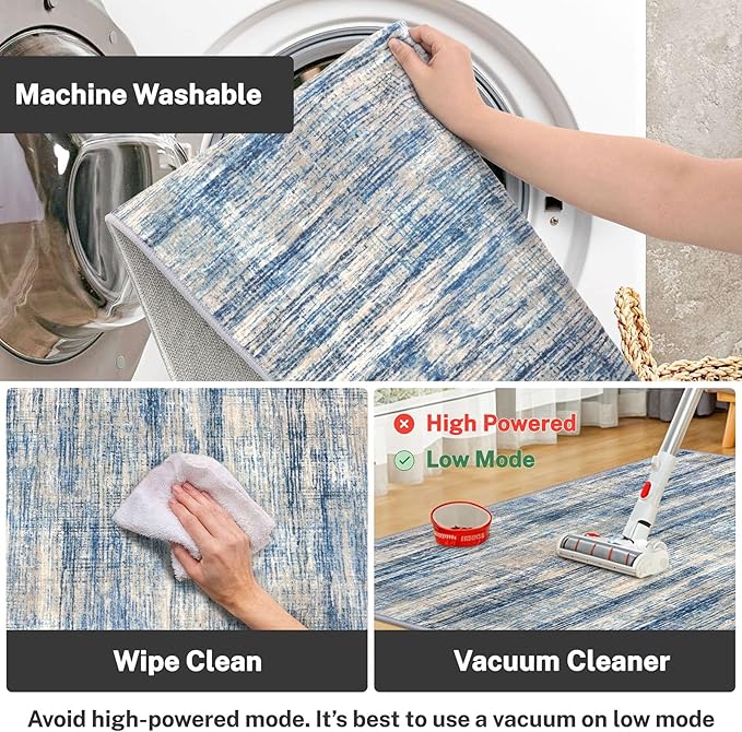 Modern Abstract 2x3 Rugs for Entryway Blue Beige Washable Small Area Rug Non-Slip Ultra Thin Soft Print Striped Low-Pile Indoor Door Mat Floor Carpet for Entrance, Bedroom, Bathroom
