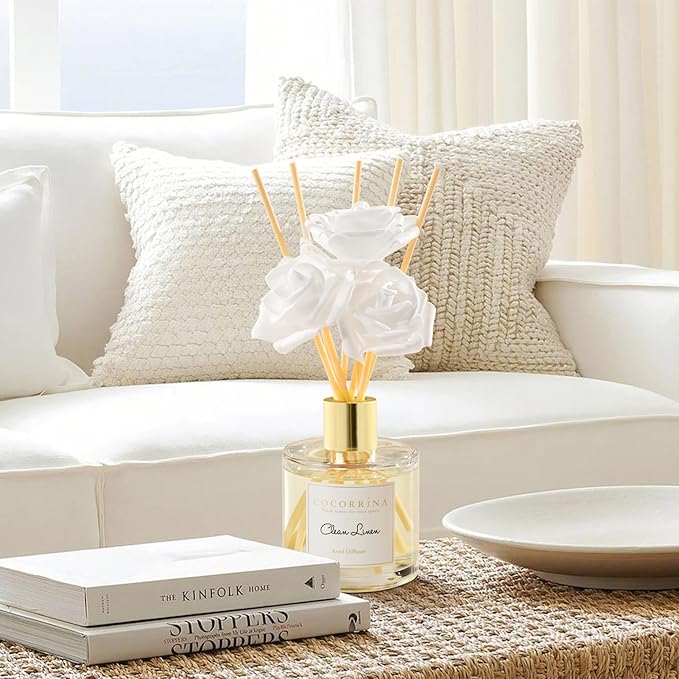 Cocorrína Reed Diffuser Set,6.7oz (200ml) Clean Linen Scented Diffuser with 3 White Rose Foam Flowers & Cotton Sticks, Home Fragrance Reed Diffuser for Bathroom Shelf Decor