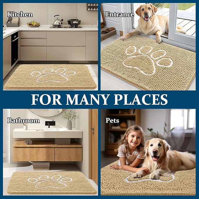 OLANLY Dog Door Mat for Muddy Paws 59x24, Paw Print Design, Absorbs Moisture and Dirt, Absorbent Non-Slip Washable Doormat, Quick Dry Chenille Mud Mat for Dogs, Entry Indoor Entryway Carpet, Beige