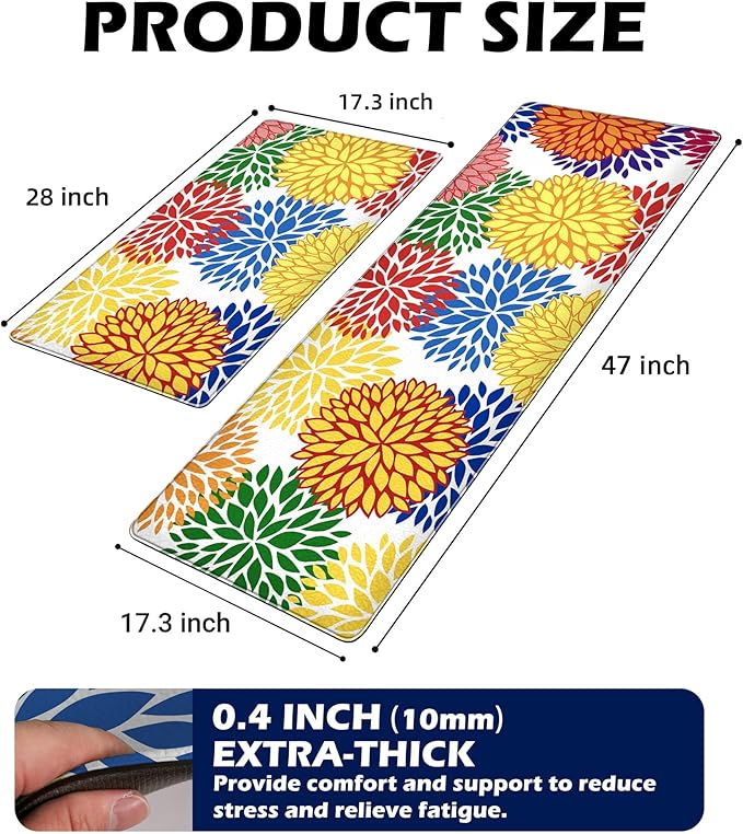 Kitchen Mats Set of 2 Cushioned Anti Fatigue Kitchen Rugs Non Slip Waterproof Kitchen Runner Memory Foam Floor Mat Comfort Standing Mat for Sink,Office,Laundry, Multi Color