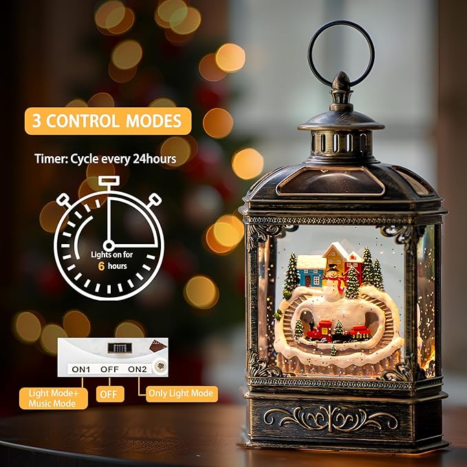 Christmas Snow Globe Lantern Water Glittering Snowman & Train with Music, USB Lined/Battery Operated Lighted Lantern for Christmas Festival Decoration Gifts