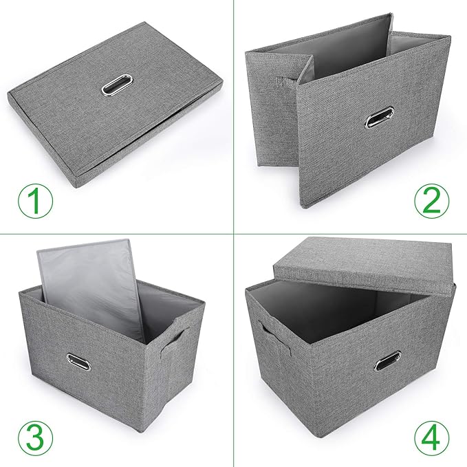 Large Linen Fabric Foldable Storage Bins with Removable Lid and Handles, Washable Storage Box Organizer Containers Baskets Cube with Cover for Bedroom,Office(Coffee, XXL)
