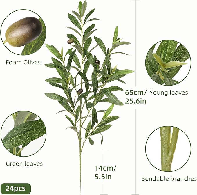 Fake Plants Artificial Olive Branches Faux Greenery Olive Branches for Vases Tree Branches Greenery Stems Silk Plants Faux Greenery Stems for Home Decor Room Office Decor 24PCS 25.6In(No Vase)