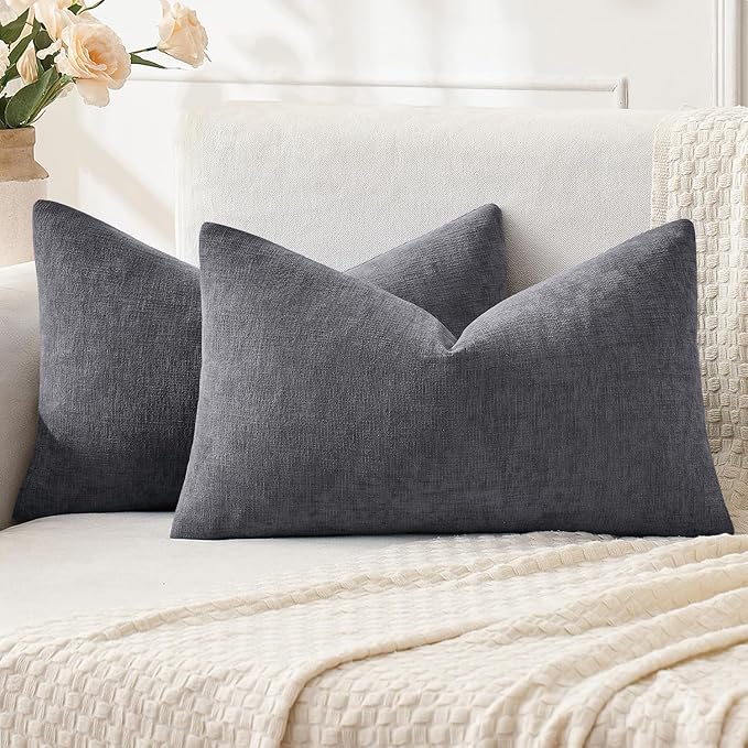 MIULEE Grey Couch Pillow Covers 12x20 Inch, Set of 2 Soft Chenille Decorative Lumbar Throw Pillow Covers Farmhouse for Sofa Living Room Bed