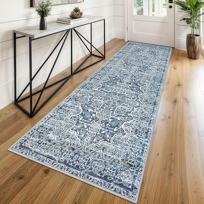 KUTA Vintage Washable Runner Rug, 2.6x8 Runners for Hallways Non-Slip Blue White Kitchen Rugs Ultra Soft Printed Tribal Floor Carpet for Bedroom Living Room Nursery Playroom