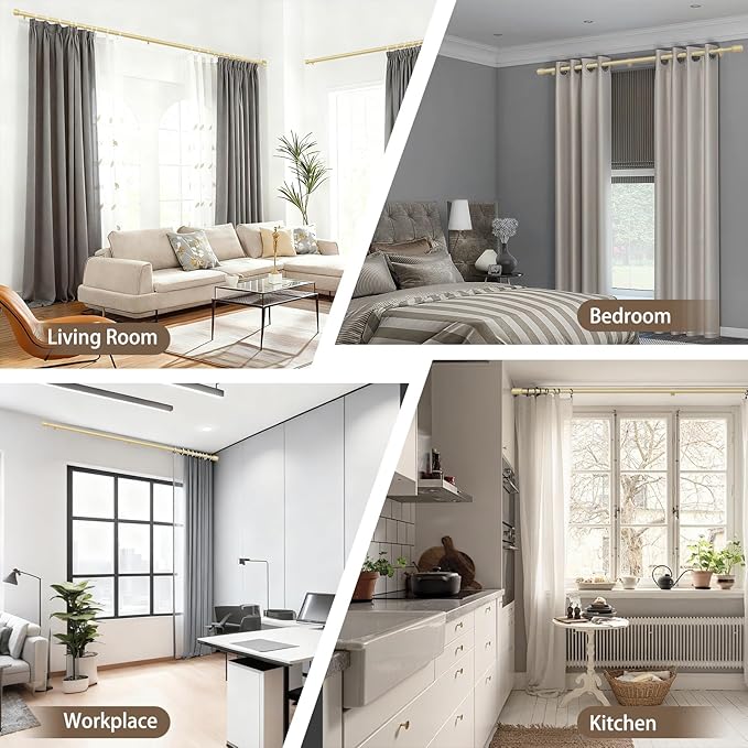 1” Diameter Gold Curtain Rods for Windows, 1 Pack 30-120 Inch Heavy Duty Window Rods, Long Adjustable Curtain Rod, Fits Most Standard Windows, Suitable for Bedroom, Living Room, Farmhouse