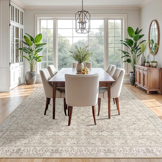 9x12 Area Rug, Cream Beige White Grey Large Washable Rug for Living Room with Non-Slip Soft Vintage Bedroom Rugs Traditional Farmhouse Carpet for Nusery Dining Room Office Home Décor