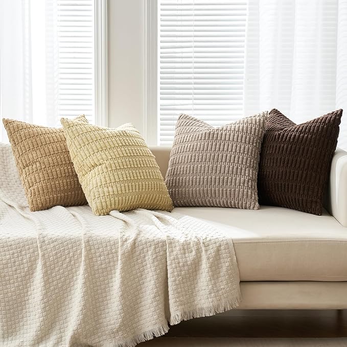 MIULEE Pack of 4 Boho Farmhouse Chocolate Corduroy Decorative Throw Pillow Covers 18x18 Inch Modern Retro Soft Striped Pillow Covers Home Decor for Sofa Living Room Couch Bed