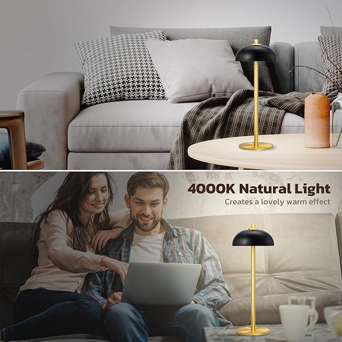 Rechargeable Cordless Table Lamp 2 Pack - 5000mAh Battery Powered Lamp, 3 Color Stepless Dimming LED Table Light with Memory Function, for outdoor, Dinner, Patio, Home, Restaurant.(Black and Gold)