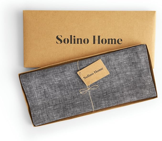 Solino Home Linen Small Table Runner 48 Inches - Athena, 100% Pure Linen Chambray Black Table Runner 14 x 48 Inch Ideal for Dresser and Coffee Tables - Winter