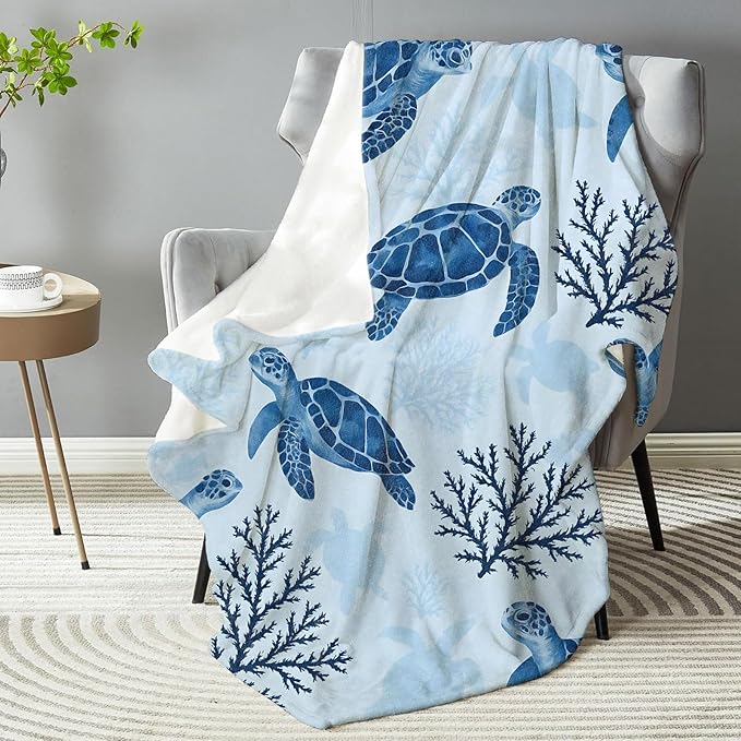 Blue Sea Turtle & Coral Blanket - Plush, Soft, Comfy, Lightweight, Warm, Fuzzy, Cozy Flannel Throw Blanket for Couch, Travel, Bed, Office, Outdoor - 60in×80in