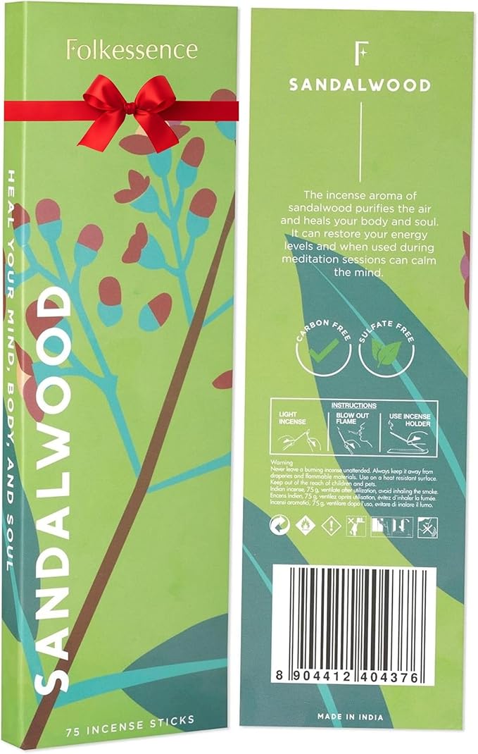 Folkulture Incense Sticks (75 Sticks) |8" Premium Sandalwood Incense Sticks for Calming,Aromatherapy, Stress Relief Gifts|No Charcoal,Organic,Non Toxic, 45 Mins, Long Burning Insence-Sticks