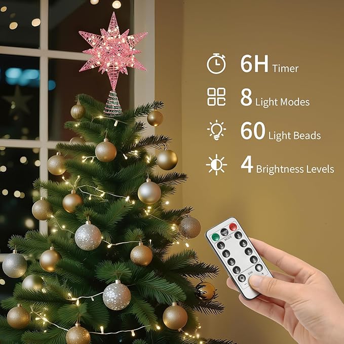 Lewondr Christmas Star Tree Topper, USB Powered Remote Controlled 11 Inch Multilayer Hexagonal Tree Topper Christmas Decor with 8 Light Modes for Home Holiday Xmas, Timer Function, Warm, Pink