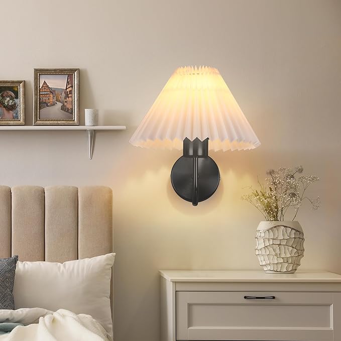 Battery Operated Wall Sconce Set of 2, Wireless Wall Sconces, Pleated Shades Rechargeable Wall Lights with Remote Control, Dimmable 15 Colors & Magnetic Bulbs Home Decor for Bedroom Living Room Black