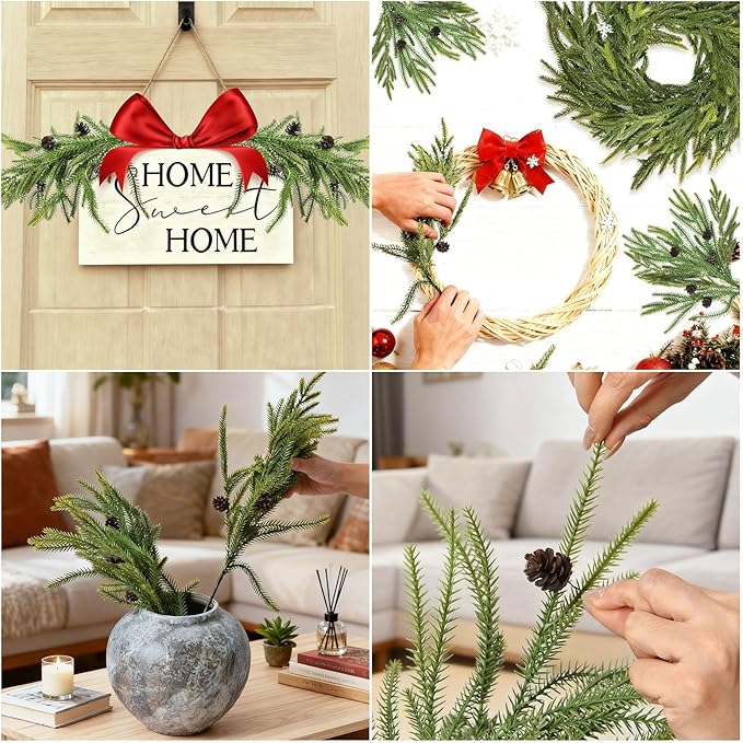 12 PCS Real Touch Christmas Norfolk Pine Stems Branches with 5PCS Pinecones, Soft Bendable Droopy Artificial Faux Pine Stems Picks Lifelike Greenery Stems for Vase Garland Wreath Table Home Decor