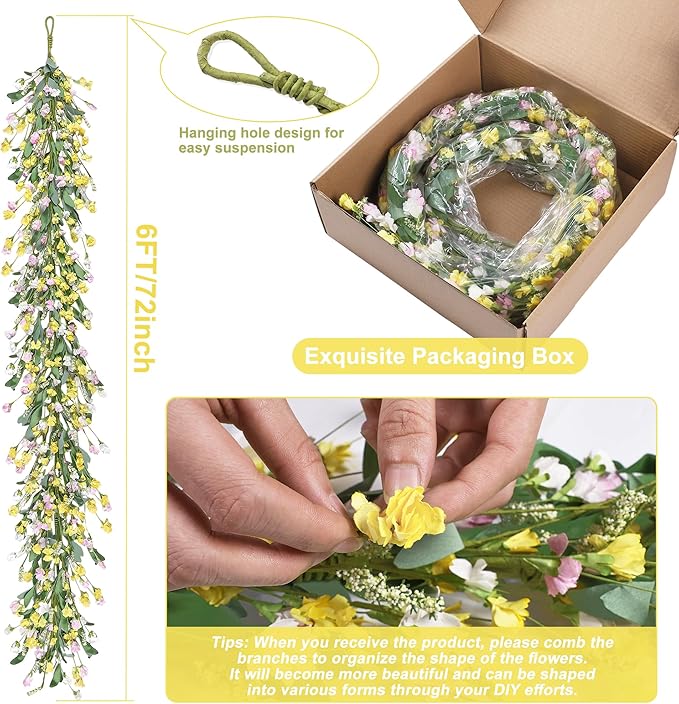 Artgar Flower Garland 6Ft Spring/Summer Garland Floral Garlands for Mantle All Year Round Paper Garlands Decor for Indoor Outdoor Home Wedding Arch Porch Stair Backdrop Year Round Decor (Yellow)