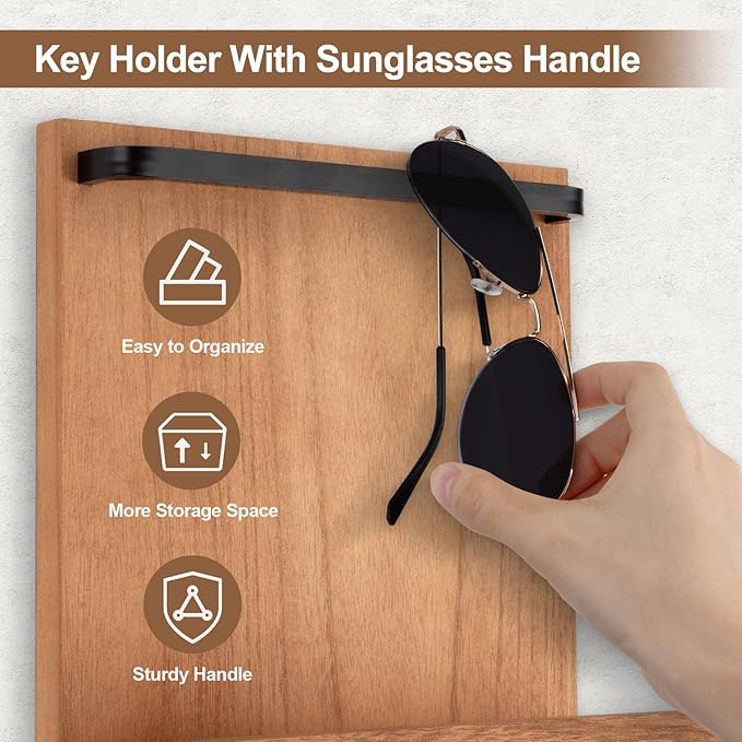Key Holder Wall Mount, Key Holder for Wall with 4 Hooks, Farmhouse Key Hanger Holds Dog Leash, Sunglasses – Decorative Mail Organizer Home Decor (Wood)