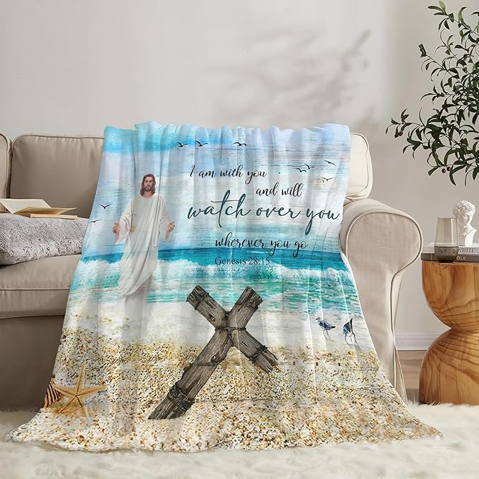 Tijuboni Christian Religious Jesus Throw Blanket Ocean Beach Gifts for Women Men Girls Boys Kids Adults Soft Flannel Fleece Blanket for Couch Sofa Bed Home Decor 50"x60"