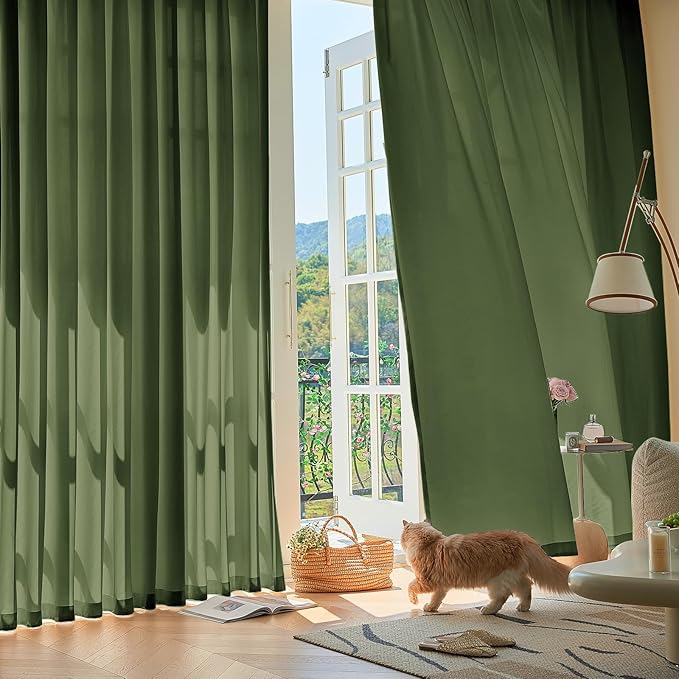 Anmao Non-See-Through Olive Green Privacy Semi Sheer Curtains for Living Room 63 Inch Length 2 Panels Set, Light Filtering That Let Light in Rod Pocket Window Drapes for Bedroom, 52W x 63L, Dark Green