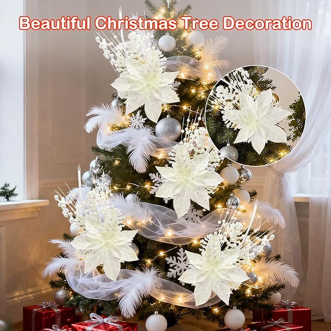 18 Pack Christmas Tree Ornaments Set, 17.5 Inch White Fake Christmas Picks Decorations with 2 Styles, Artificial Glitter Berry Stem Ornaments for Christmas Tree Wedding Small Vase Wreath Decor