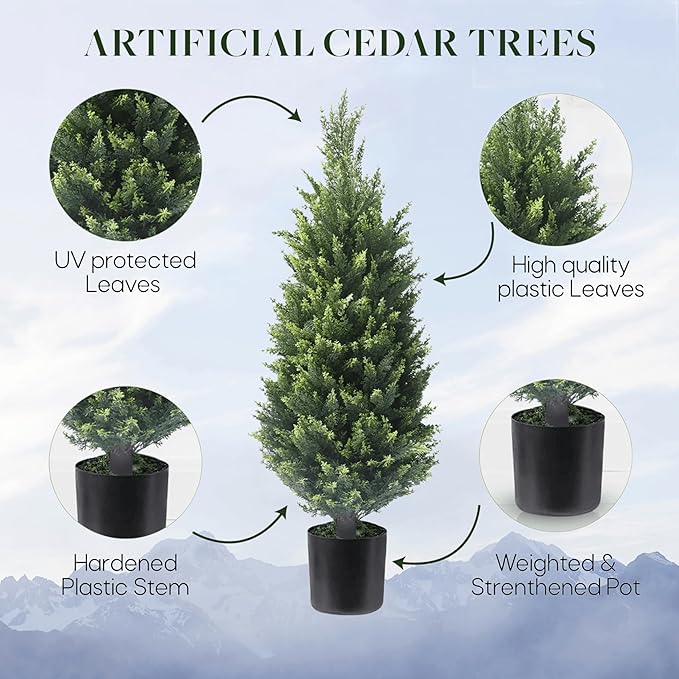 Artificial Cedar Topiary Trees, Set of 2 Lifelike Faux Pruned Cypress with Heavy-Duty Planters – UV-Resistant Outdoor Artificial Shrubs for Indoor/Outdoor Decor (40 Inches)