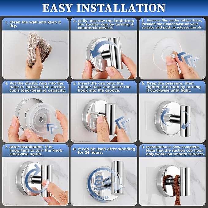 Heavy Duty Reusable Suction Cup Hooks for Shower - No Drill Bathroom/Glass/Mirror/Tiles & Metal Surfaces,and Smooth Non-Porous Surfaces for Towels, Robes, Loofahs (4, Chrome Polished)