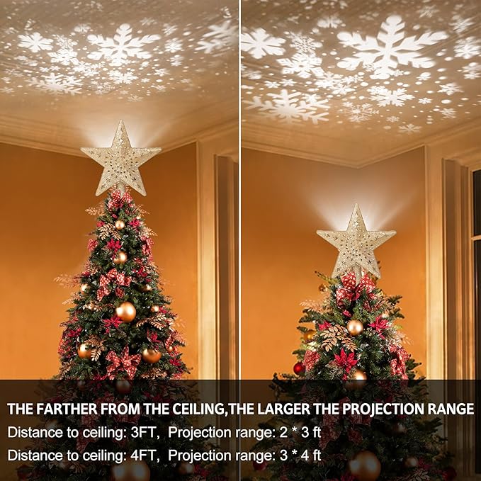 BLOOMWIN Christmas Tree Topper Lighted with Snowflake Projector, LED Rotating Hollow Snowflake, 3D Glitter Lighted Gold Star Tree Topper for Xmas Tree Festival Decorations Lights