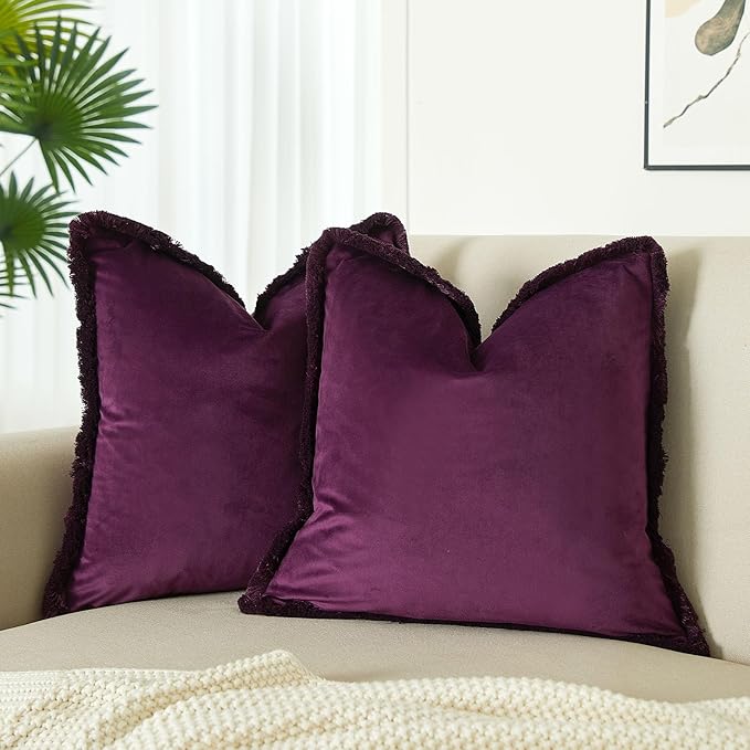 JUSPURBET Eggplant Decorative Velvet Fringe Throw Pillow Covers 20x20 Set of 2 Boho Soft Cushion Case for Home Decor Living Room Couch Sofa Bed